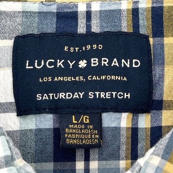 Mens Lucky Brand Saturday Stretch Long Sleeve Pearl Snap Shirt Blue Plaid L - Picture 2 of 9